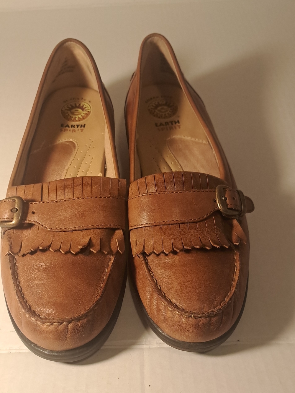 Earth Spirit Tan Leather Kiltie Buckle Loafers